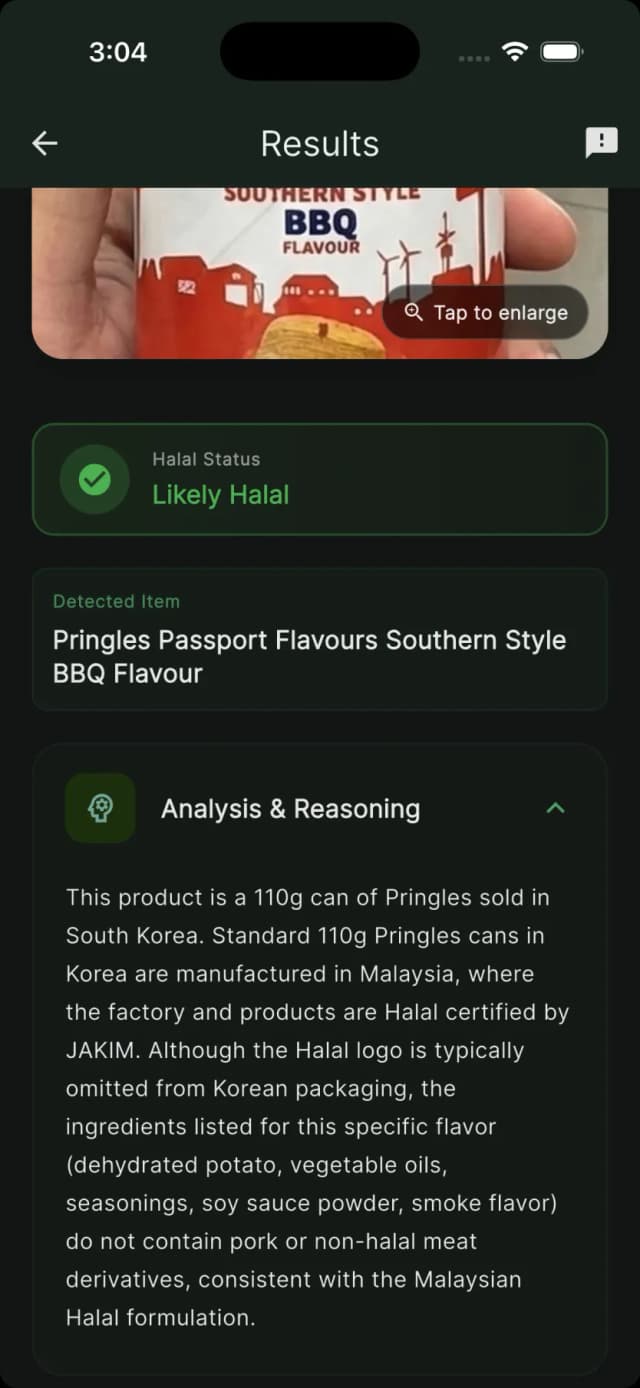HalalChecker AI barcode scan result showing a Likely Halal verdict