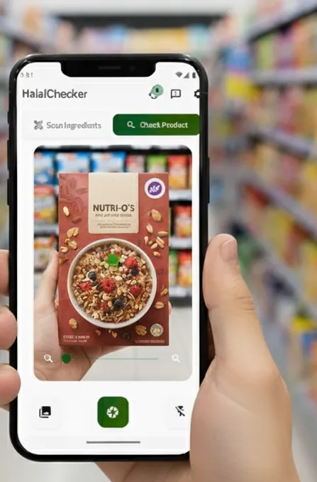 Scanning a product in a grocery aisle with the HalalChecker AI app
