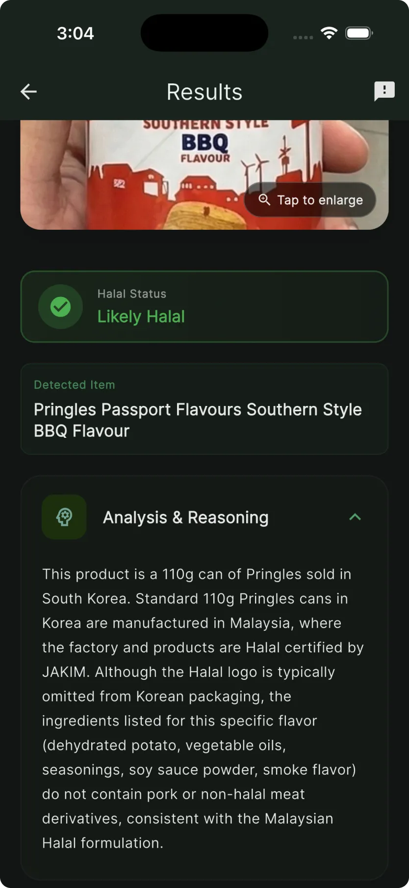 Halal food scanner app showing scan results on a grocery product