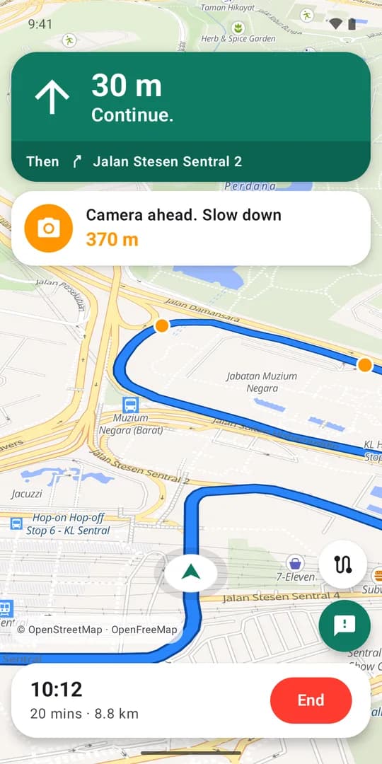 Arah on Android during navigation, showing a camera ahead alert 370 m away and the arrival time