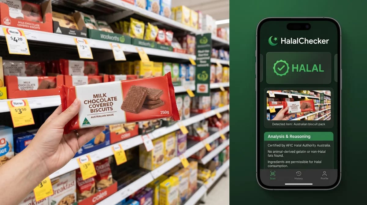 Muslim shopper using HalalChecker app to scan a packaged biscuit at an Australian Woolworths supermarket aisle