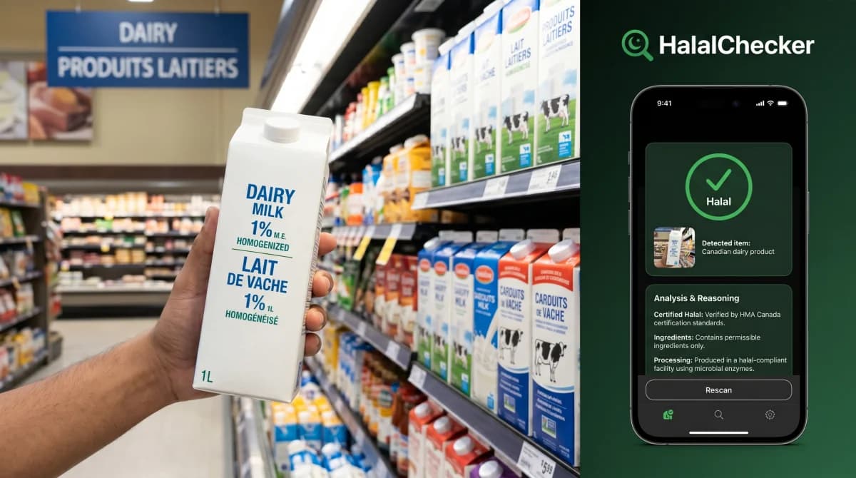 Muslim shopper using HalalChecker app at a Canadian Loblaws supermarket aisle