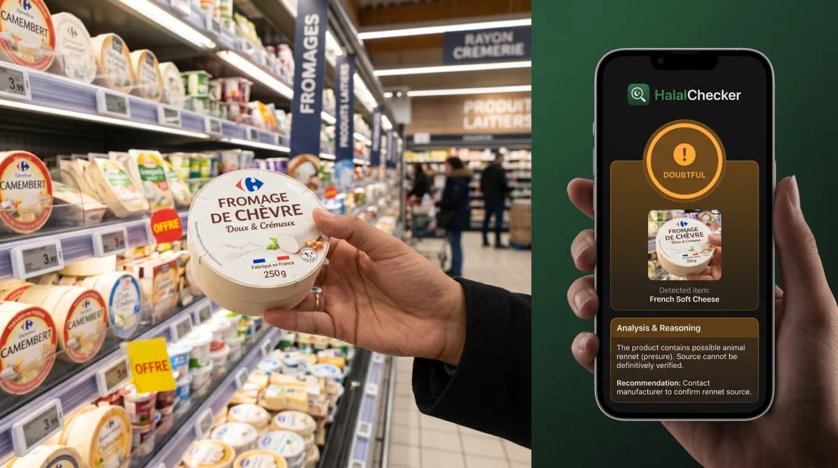 Muslim shopper using HalalChecker app to scan a French soft cheese in a Carrefour supermarket aisle