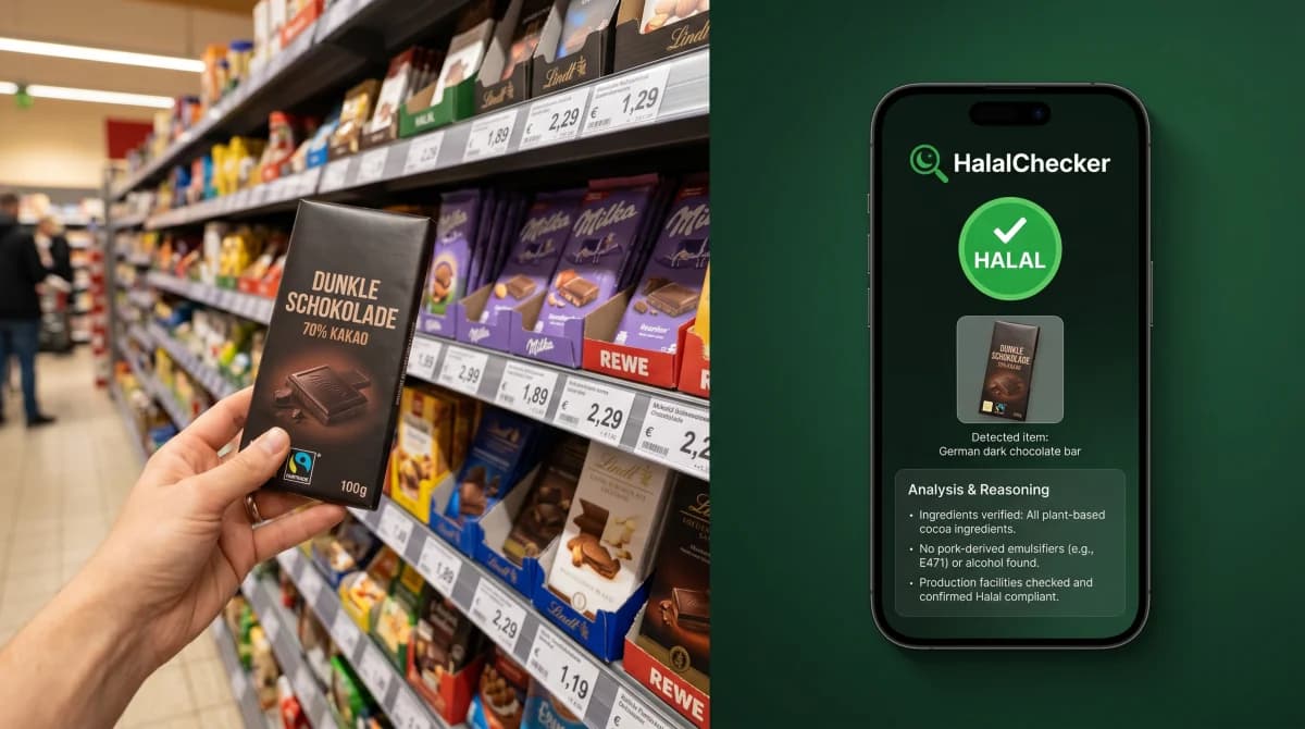 Muslim shopper using HalalChecker app to scan a German chocolate bar in a REWE supermarket aisle