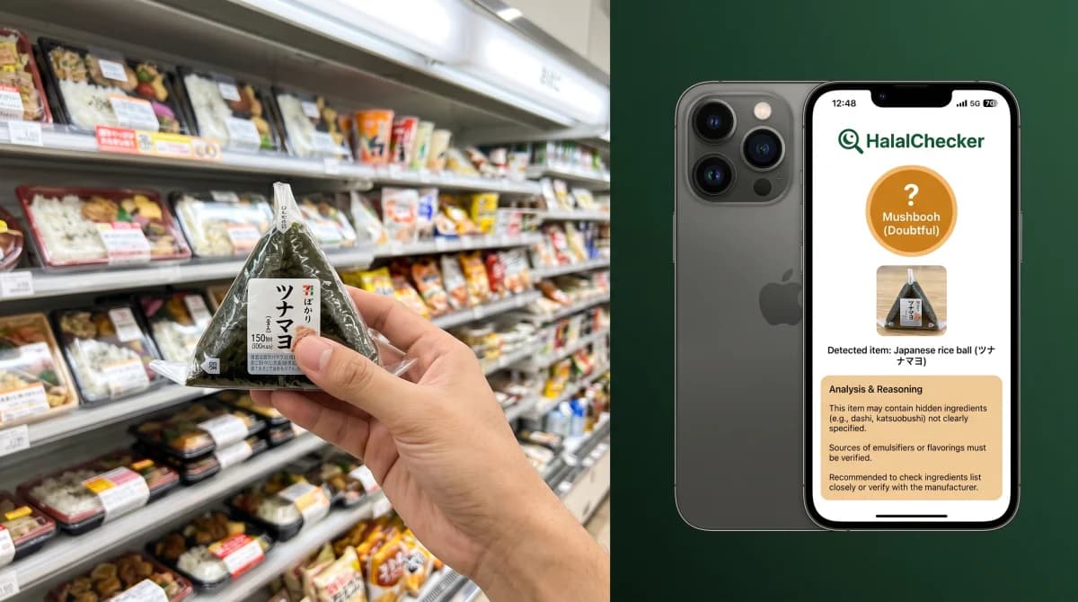 Muslim traveler scanning a Japanese konbini onigiri label with the HalalChecker app in Tokyo