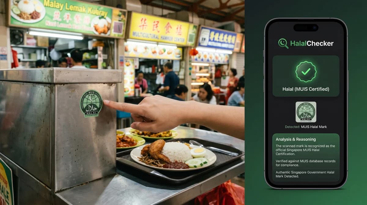 Muslim shopper looking at the green MUIS halal sticker on a Singapore hawker stall