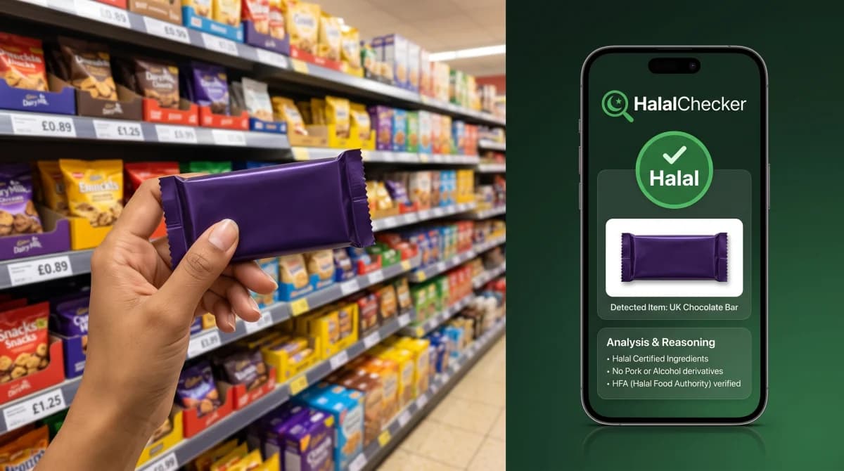 Muslim shopper checking a UK supermarket package with the HalalChecker app on a Tesco aisle