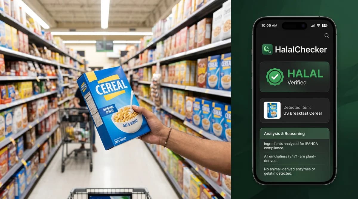 Muslim shopper using HalalChecker app to scan a packaged product in a US supermarket aisle