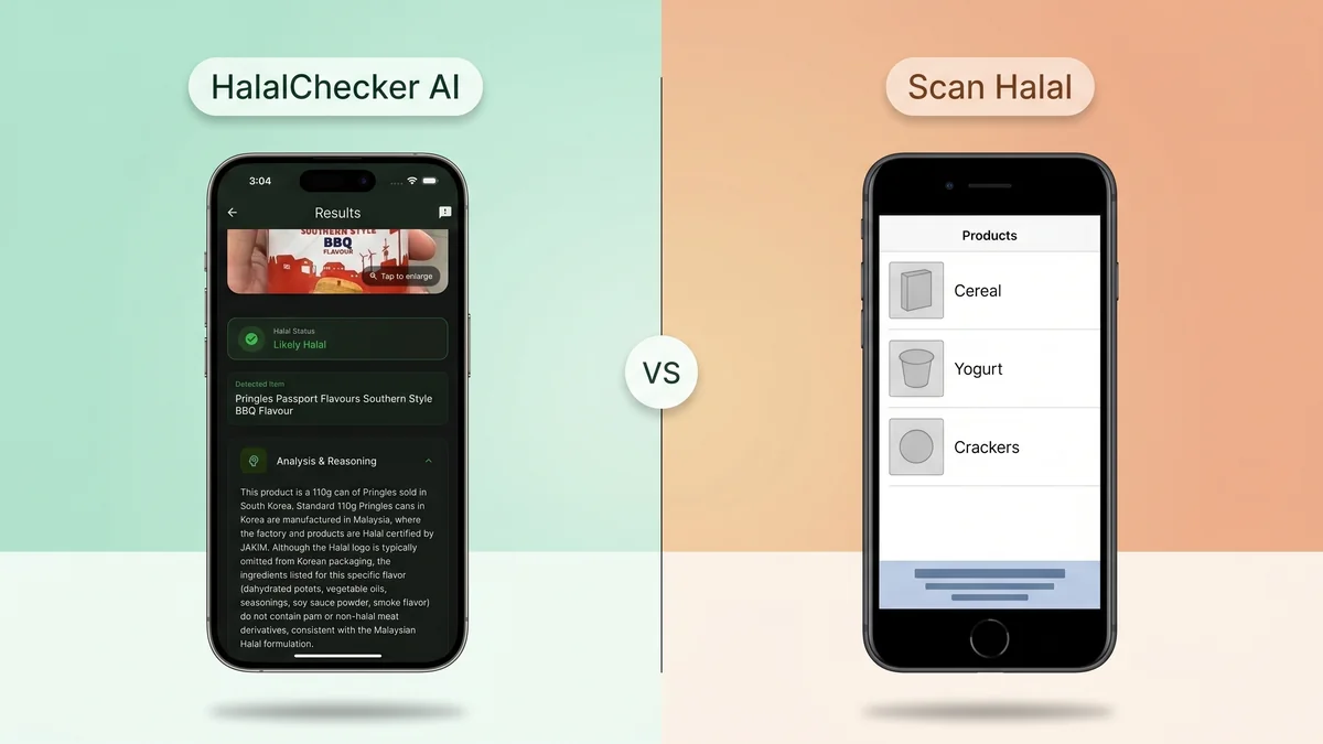 Side-by-side comparison of HalalChecker AI and Scan Halal halal scanner apps in 2026