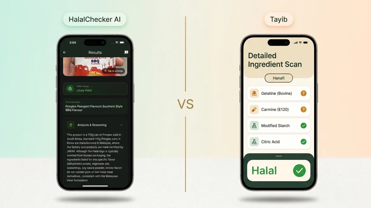 Side-by-side comparison of HalalChecker AI and Tayib AI halal scanner apps in 2026