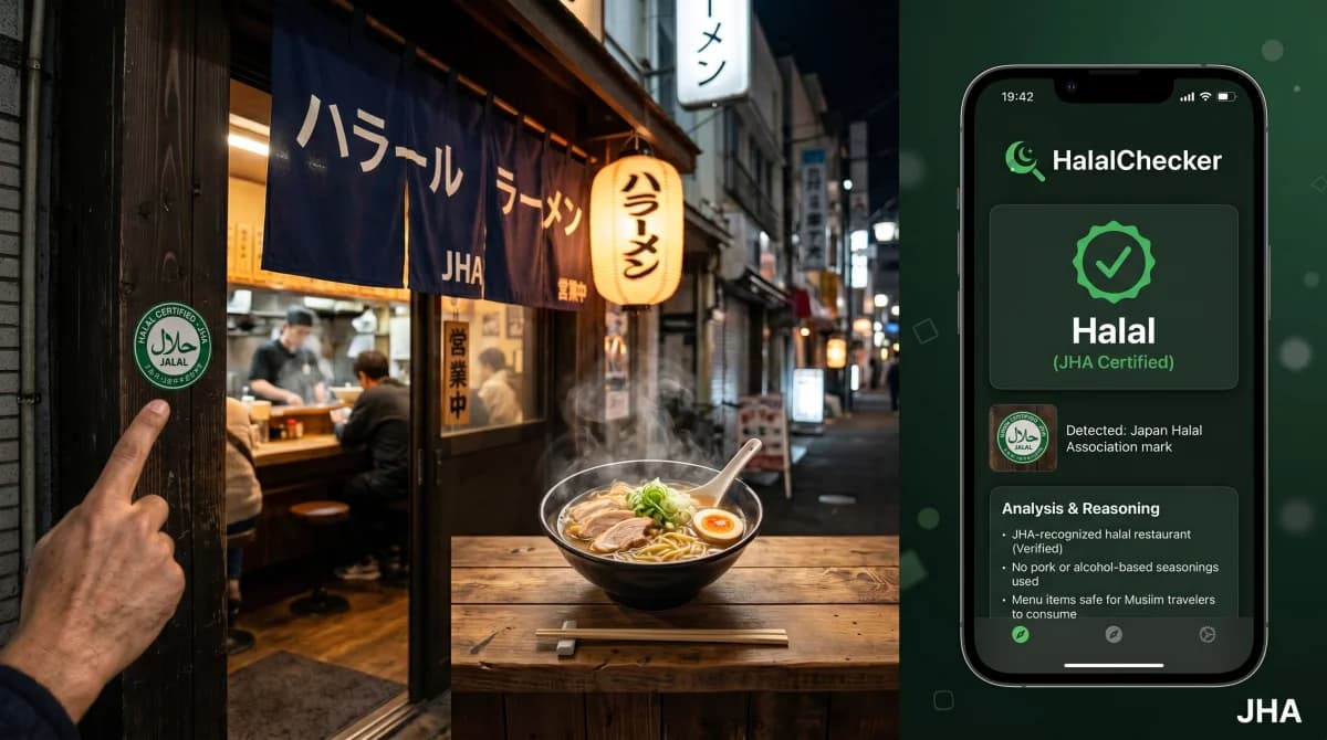 Muslim tourist pointing at the JHA halal certification sticker outside a halal-certified ramen shop in Tokyo, with the HalalChecker app confirming the JHA mark