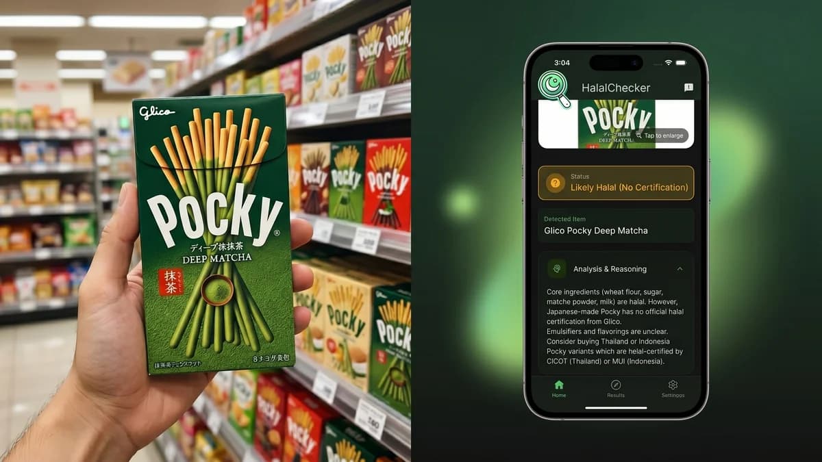 Hand holding Glico Deep Matcha Pocky in an Asian grocery aisle with HalalChecker app showing Likely Halal (No Certification) verdict