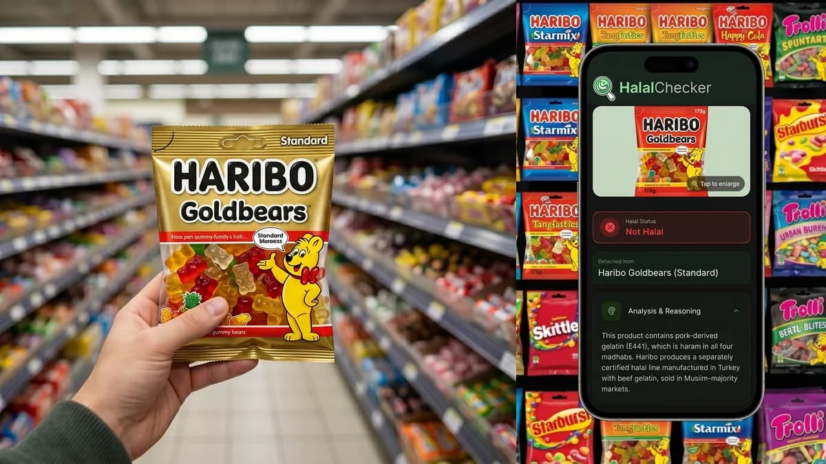 HalalChecker app showing Not Halal verdict for Haribo Goldbears in a grocery store aisle