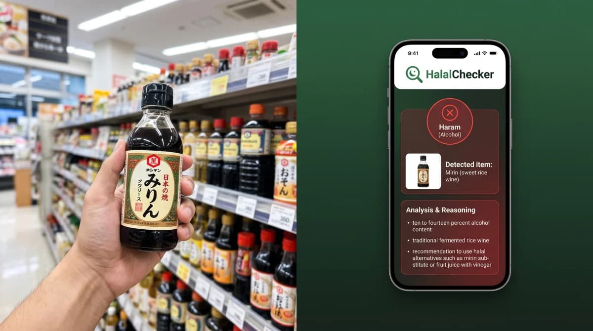 HalalChecker app showing Haram (alcohol detected) verdict for a bottle of Japanese mirin in a supermarket aisle