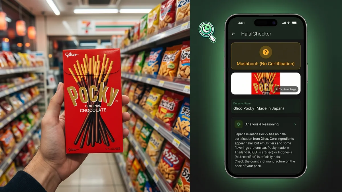 Hand holding classic Glico Pocky chocolate in a Japanese convenience store with HalalChecker app showing Mushbooh (No Certification) verdict