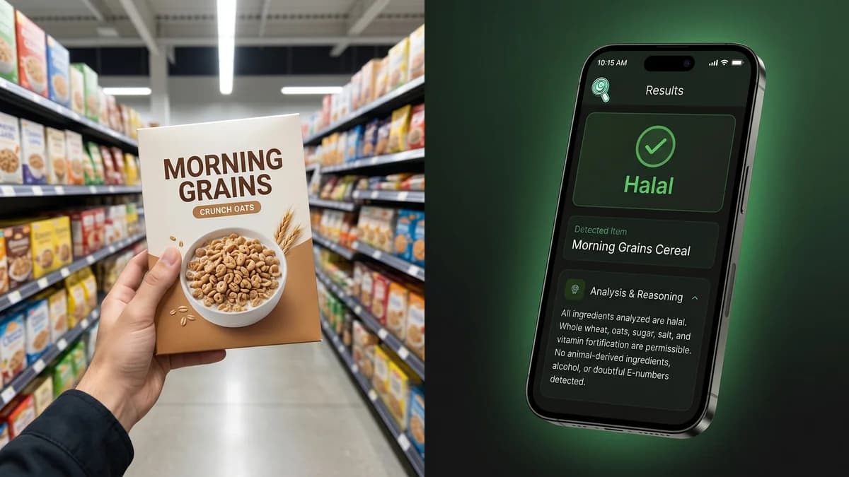 Hand holding a cereal box in a grocery aisle with HalalChecker app on iPhone displaying a green Halal verdict